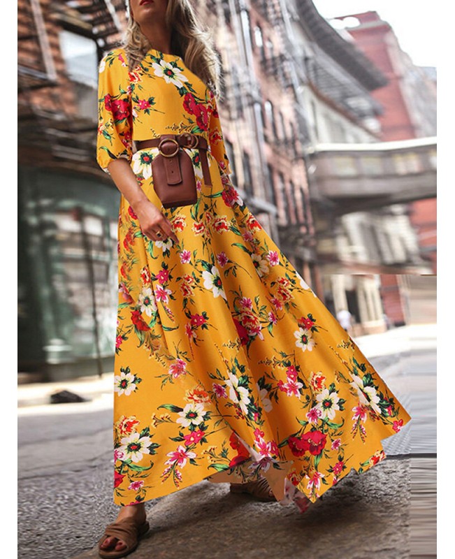 Flower Print Lantern Sleeve Back-Zip Round Neck Maxi Dress - Black S