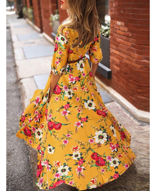 Flower Print Lantern Sleeve Back-Zip Round Neck Ma...