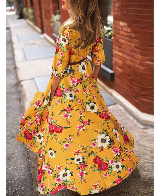 Flower Print Lantern Sleeve Back-Zip Round Neck Maxi Dress - Black S