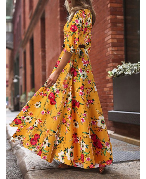 Flower Print Lantern Sleeve Back-Zip Round Neck Ma...
