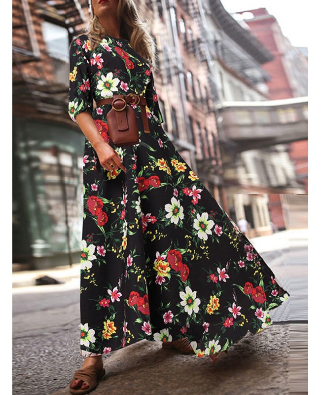 Flower Print Lantern Sleeve Back-Zip Round Neck Maxi Dress - Black S