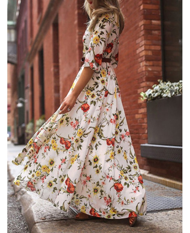 Flower Print Lantern Sleeve Back-Zip Round Neck Maxi Dress - Black S