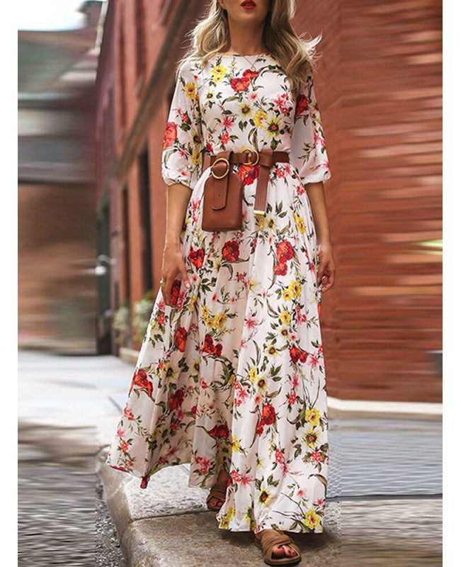 Flower Print Lantern Sleeve Back-Zip Round Neck Maxi Dress - Black S