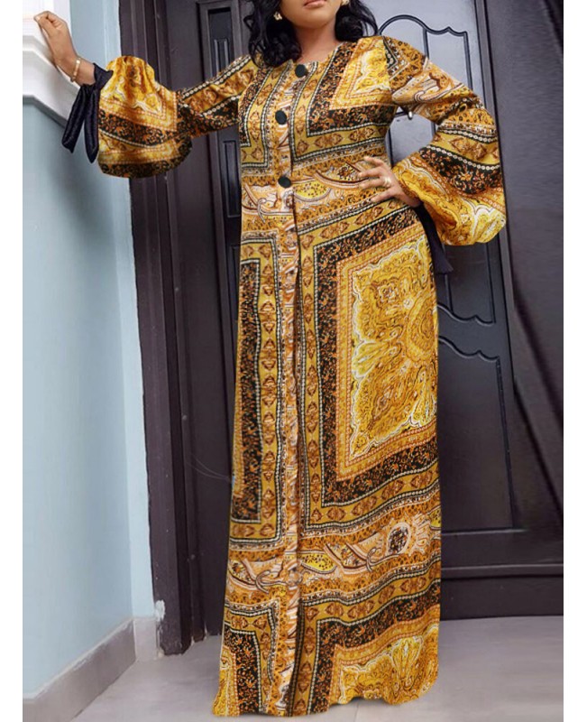 Tribal Pattern Tie-up At Cuffs Lantern Sleeve Button Maxi Dress - Yellow S