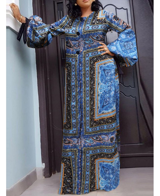 Tribal Pattern Tie-up At Cuffs Lantern Sleeve Button Maxi Dress - Yellow S