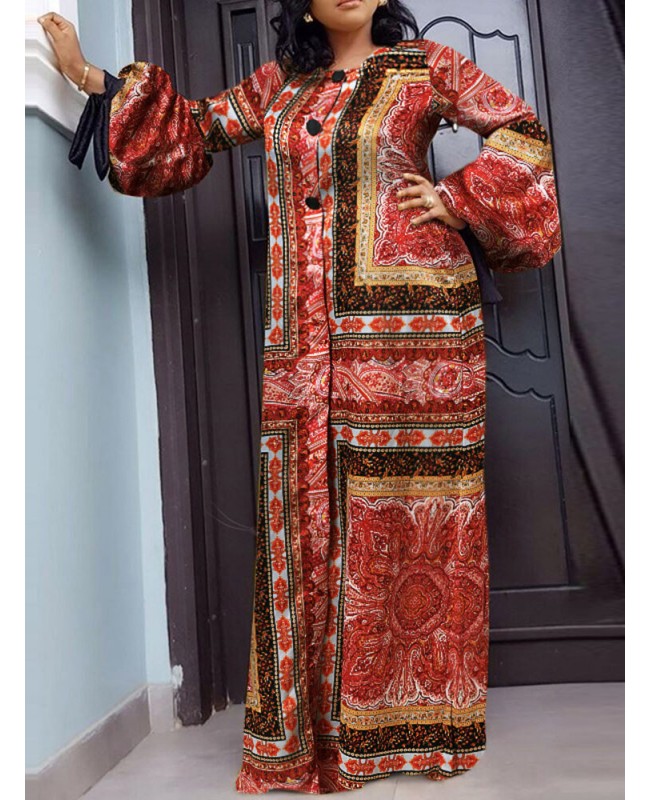 Tribal Pattern Tie-up At Cuffs Lantern Sleeve Button Maxi Dress - Yellow S