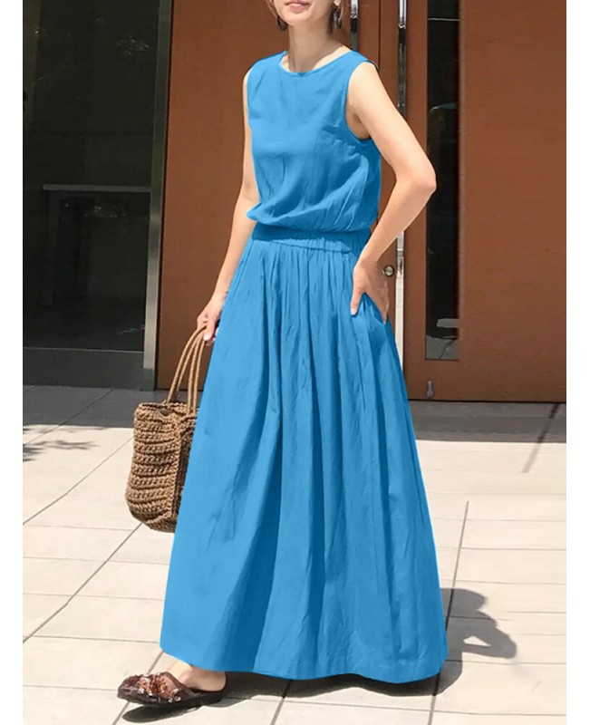 Leisure Solid Elastic Waist Pocket Sleeveless Maxi Dress - blue 4XL