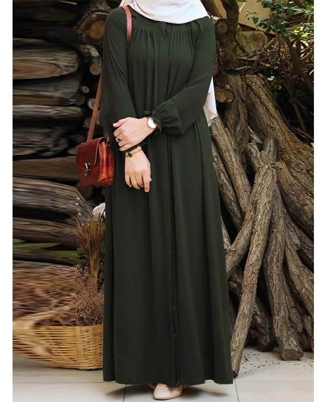 Women Solid Color Pleated Puff Sleeve Robe Vintage Maxi Dress - Green S