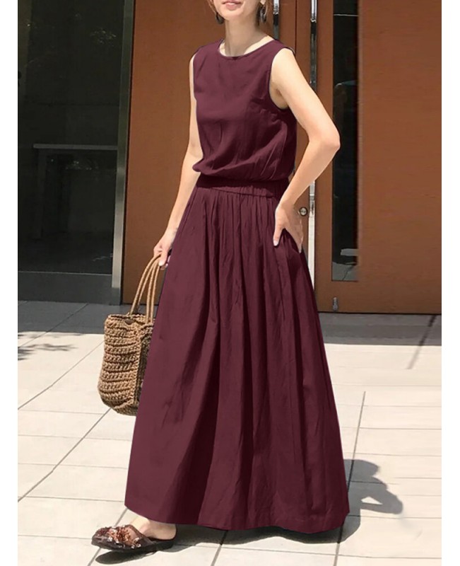 Leisure Solid Elastic Waist Pocket Sleeveless Maxi Dress - blue 4XL