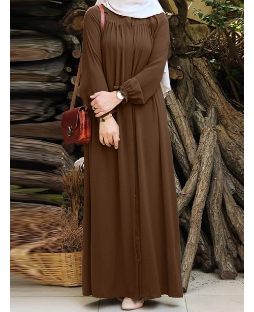 Women Solid Color Pleated Puff Sleeve Robe Vintage...