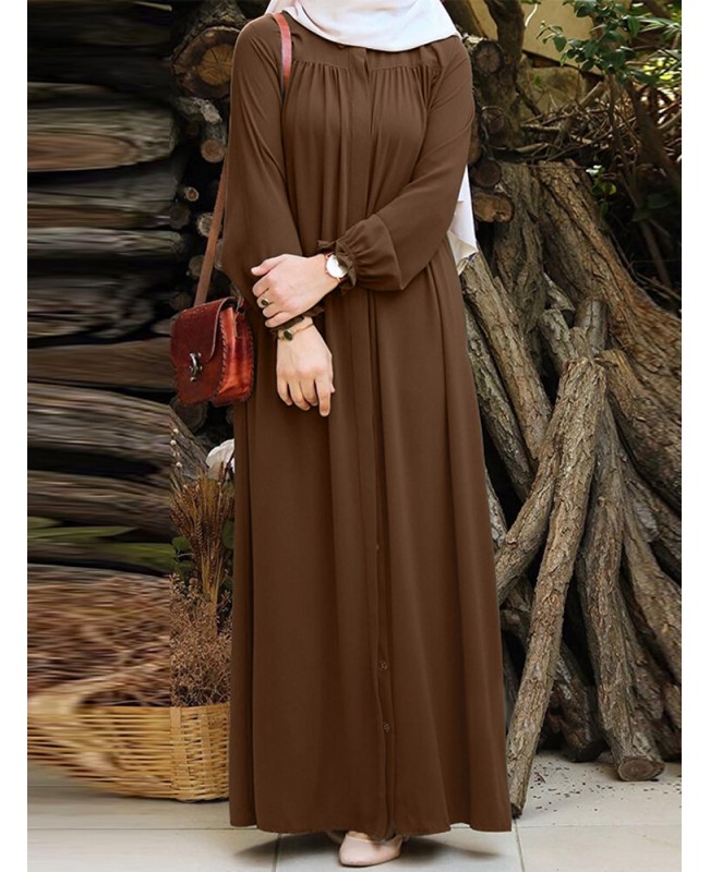Women Solid Color Pleated Puff Sleeve Robe Vintage Maxi Dress - Green S