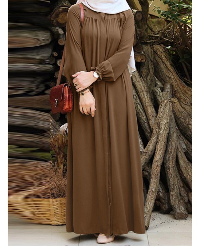 Women Solid Color Pleated Puff Sleeve Robe Vintage Maxi Dress - Green S