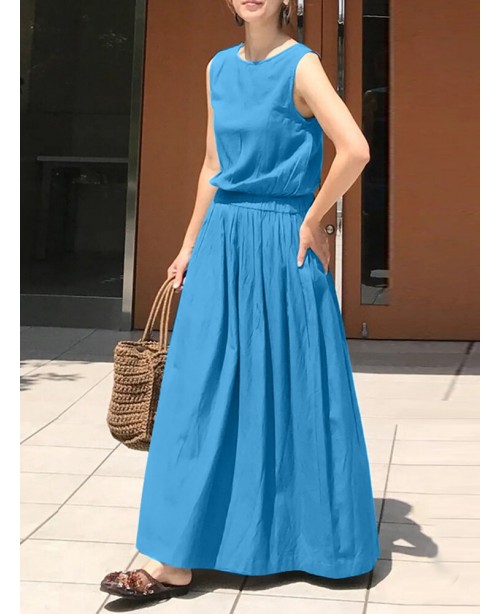 Leisure Solid Elastic Waist Pocket Sleeveless Maxi...