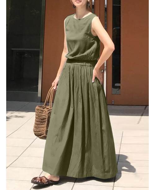 Leisure Solid Elastic Waist Pocket Sleeveless Maxi...