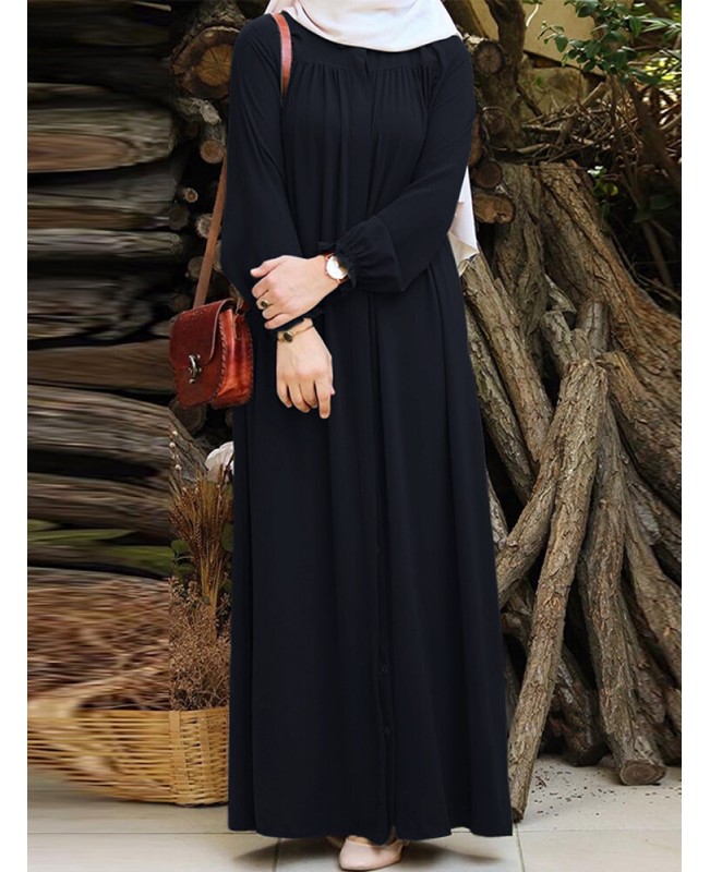 Women Solid Color Pleated Puff Sleeve Robe Vintage Maxi Dress - Green S