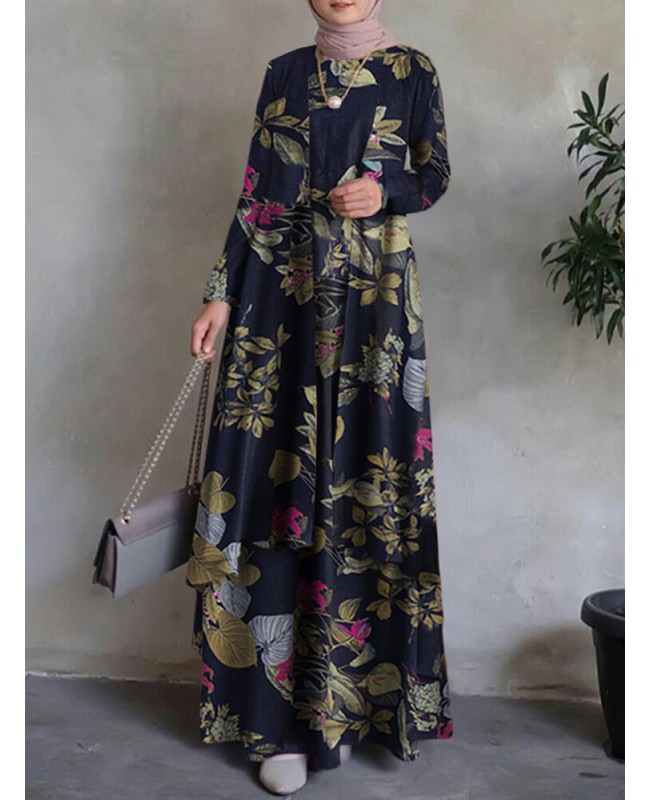 Women 100% Cotton Abaya Kaftan Bohemian Double-layer Design Floral Leisure Maxi Dress - Yellow M