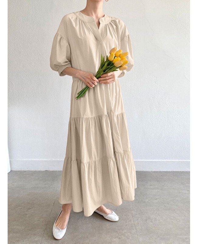 Solid Button Half Sleeve V-neck Loose Casual Maxi Dress - Green L