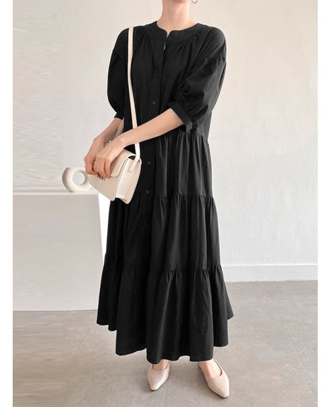 Solid Button Half Sleeve V-neck Loose Casual Maxi Dress - Green L