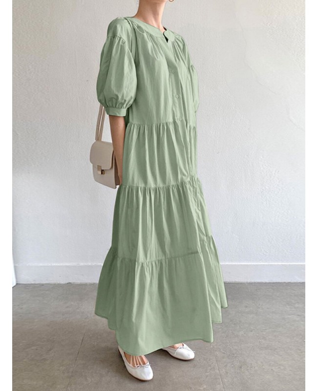 Solid Button Half Sleeve V-neck Loose Casual Maxi Dress - Green L