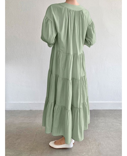 Solid Button Half Sleeve V-neck Loose Casual Maxi ...