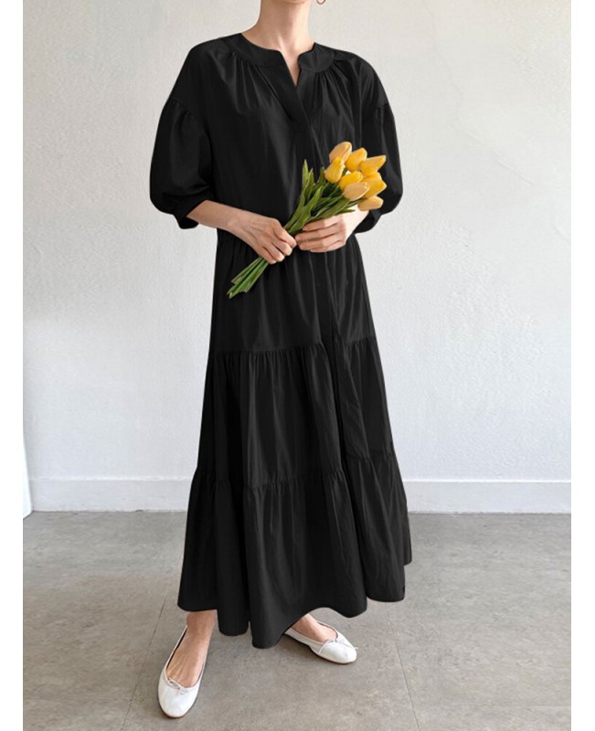 Solid Button Half Sleeve V-neck Loose Casual Maxi Dress - Green L