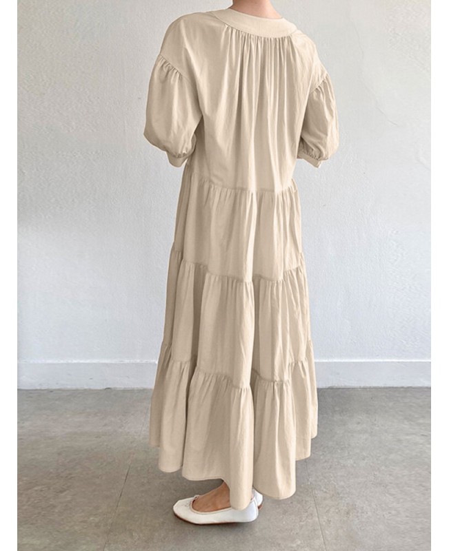 Solid Button Half Sleeve V-neck Loose Casual Maxi Dress - Green L