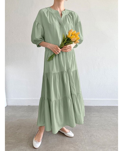 Solid Button Half Sleeve V-neck Loose Casual Maxi ...