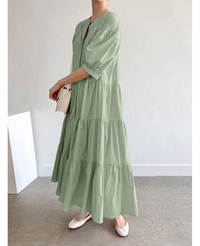 Solid Button Half Sleeve V-neck Loose Casual Maxi Dress - Green L