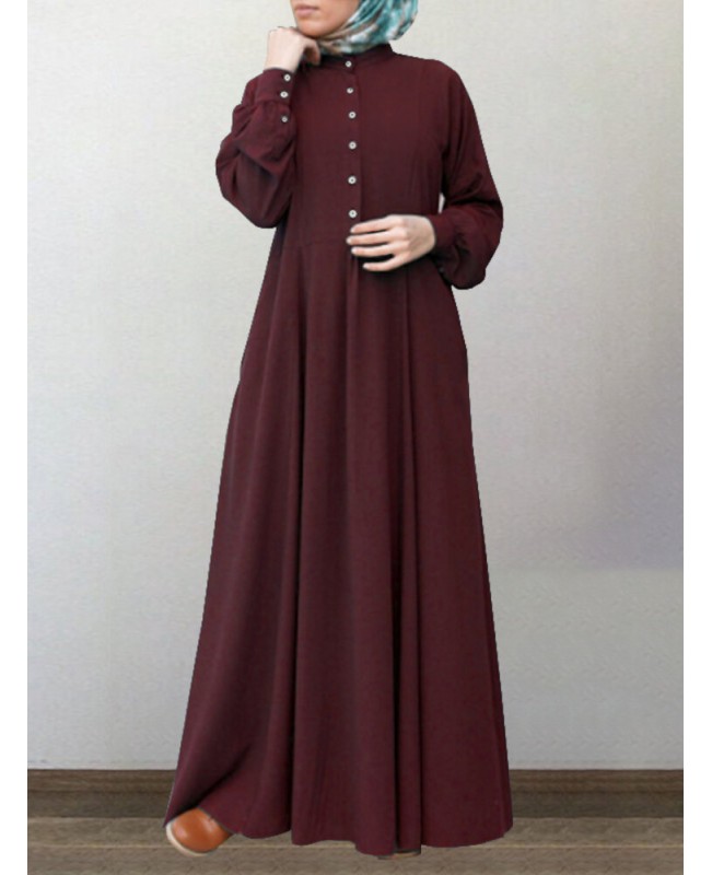 Women Cotton Solid Retro Mandarin Collar Puff Sleeve Button Up Long Sleeve Maxi Dress - purple S
