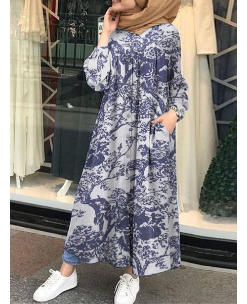 Vintage Floral Print Cotton Kaftan Tunic Muslim Ma...