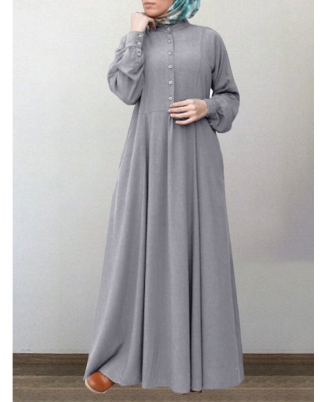 Women Cotton Solid Retro Mandarin Collar Puff Sleeve Button Up Long Sleeve Maxi Dress - purple S