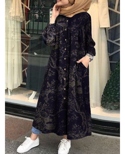 Vintage Floral Print Cotton Kaftan Tunic Muslim Ma...