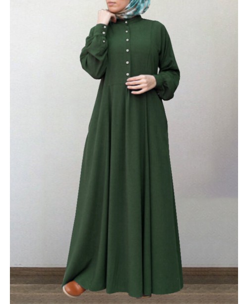 Women Cotton Solid Retro Mandarin Collar Puff Slee...