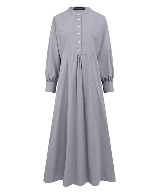 Women Cotton Solid Retro Mandarin Collar Puff Sleeve Button Up Long Sleeve Maxi Dress - purple S