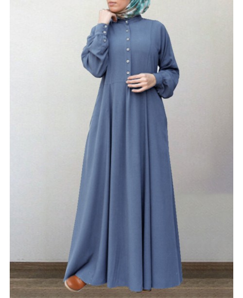 Women Cotton Solid Retro Mandarin Collar Puff Slee...