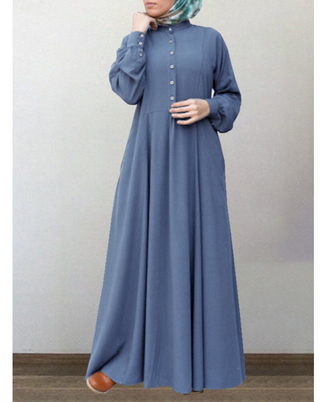 Women Cotton Solid Retro Mandarin Collar Puff Sleeve Button Up Long Sleeve Maxi Dress - purple S
