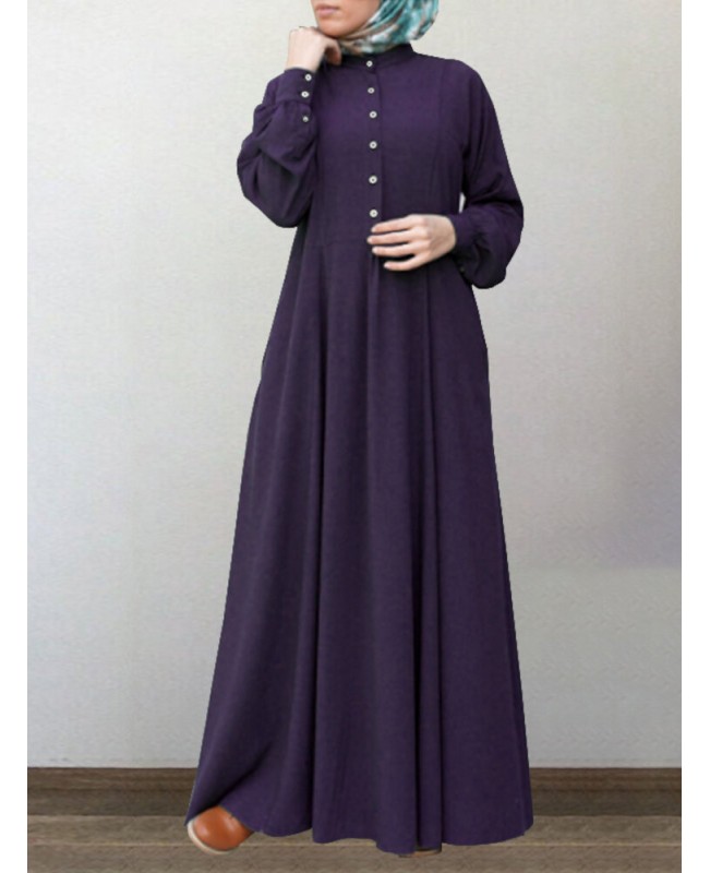 Women Cotton Solid Retro Mandarin Collar Puff Sleeve Button Up Long Sleeve Maxi Dress - purple S