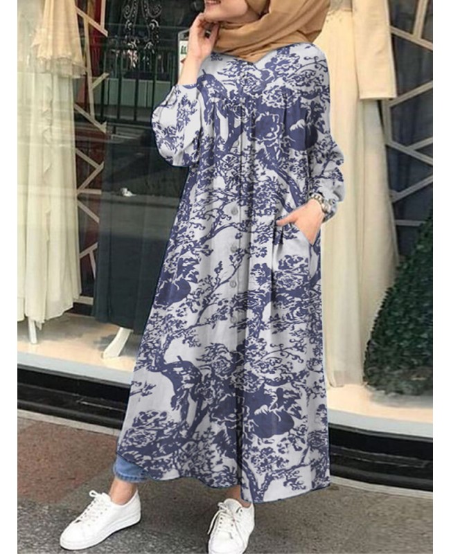 Vintage Floral Print Cotton Kaftan Tunic Muslim Maxi Dress with Side Pockets - White 4XL