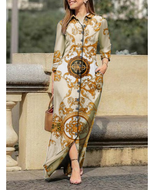 Tribal Pattern Pocket Button Long Sleeve Lapel Shi...