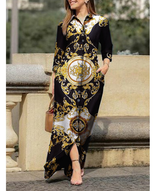 Tribal Pattern Pocket Button Long Sleeve Lapel Shirt Maxi Dress - Black S