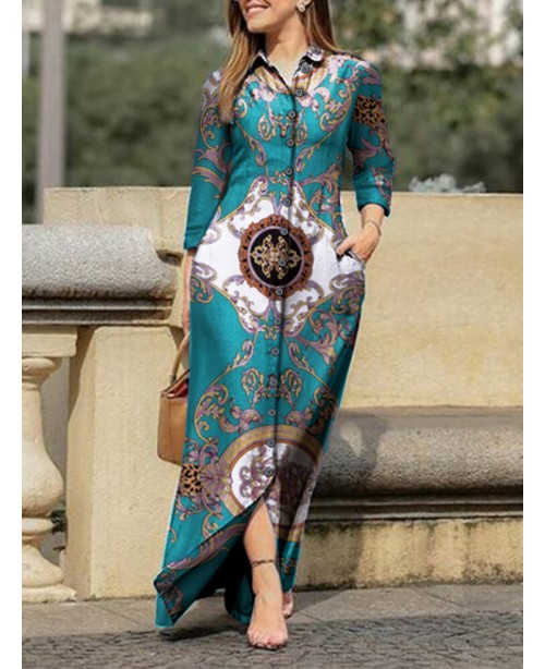 Tribal Pattern Pocket Button Long Sleeve Lapel Shi...