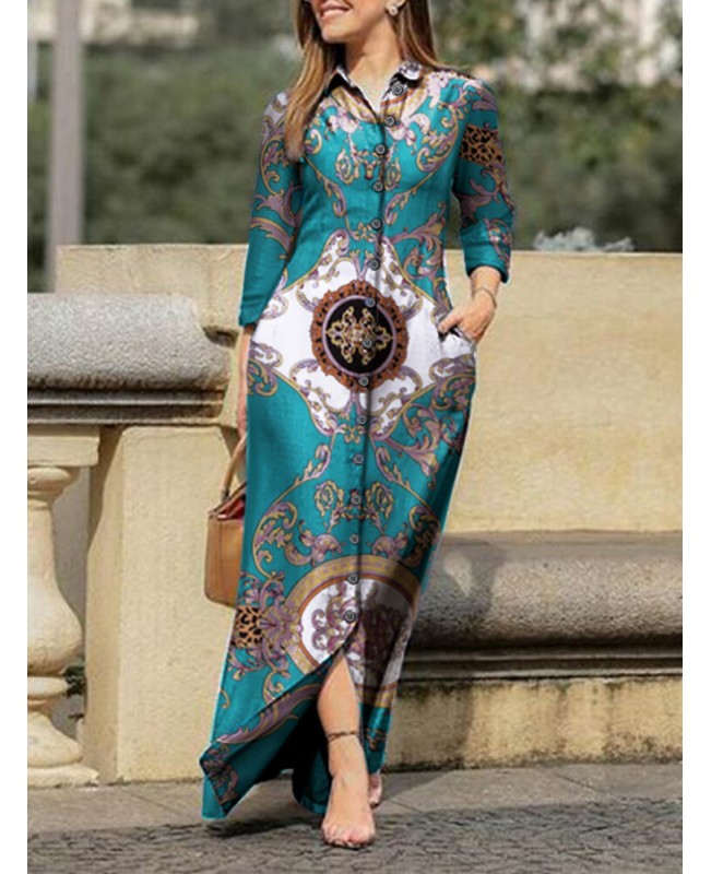 Tribal Pattern Pocket Button Long Sleeve Lapel Shirt Maxi Dress - Black S