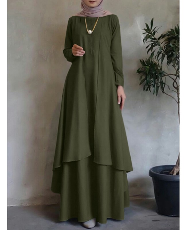 O-Neck Solid Abaya Kaftan Double-layer Design Bohemian Dress For Women - Pink S