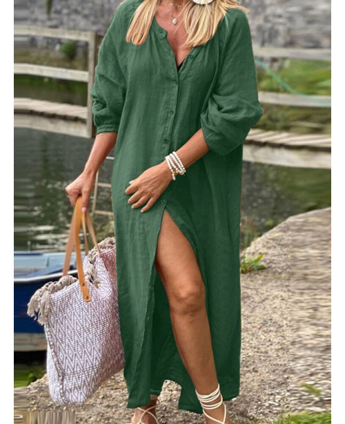 Solid Lantern Sleeve Maxi Vintage Dress For Women ...