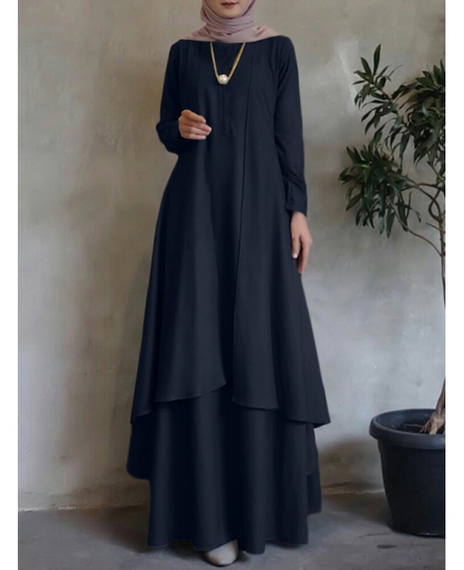 O-Neck Solid Abaya Kaftan Double-layer Design Bohemian Dress For Women - Pink S