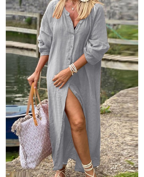 Solid Lantern Sleeve Maxi Vintage Dress For Women ...