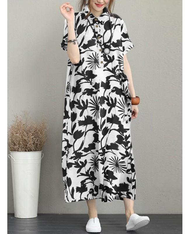 Flower Print Pocket Button Lapel Casual Short Sleeve Maxi Dress - Black S