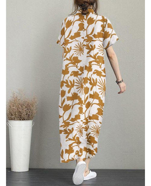 Flower Print Pocket Button Lapel Casual Short Slee...
