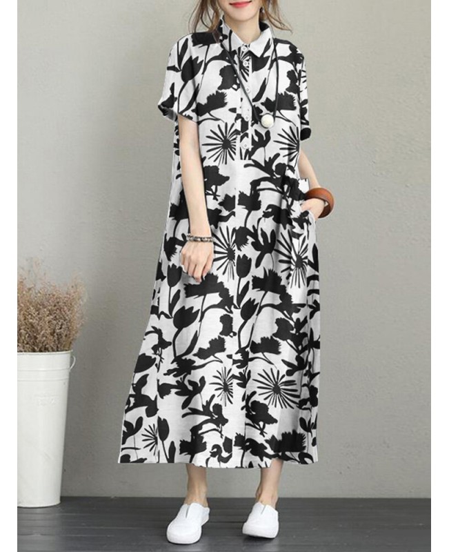 Flower Print Pocket Button Lapel Casual Short Sleeve Maxi Dress - Black S