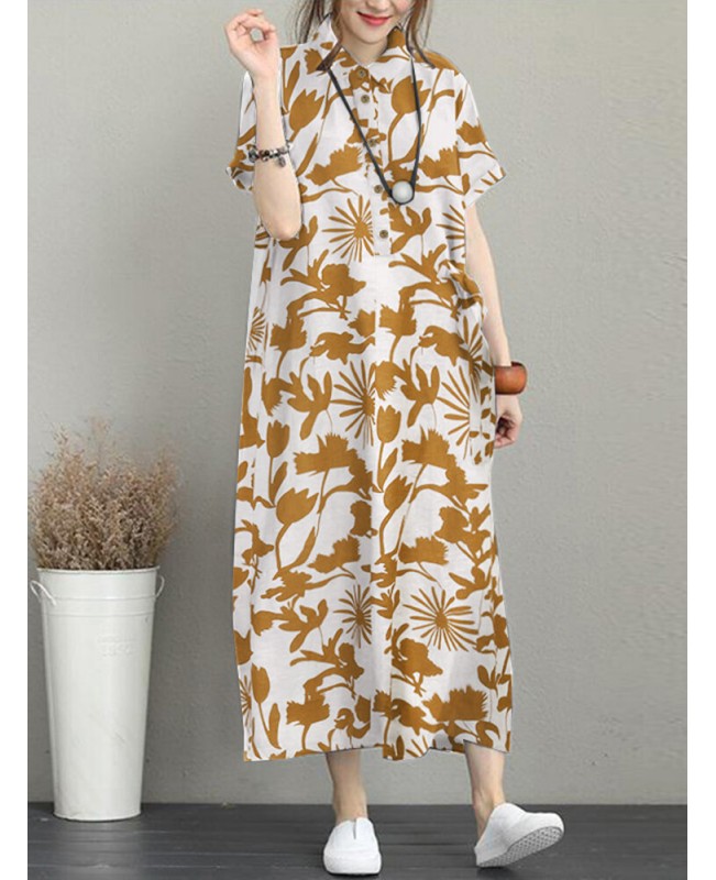 Flower Print Pocket Button Lapel Casual Short Sleeve Maxi Dress - Black S